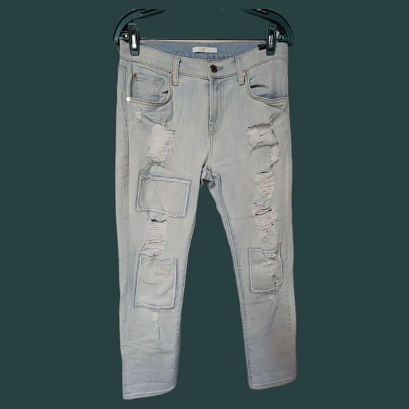 7 For All Mankind Distressed Patch Boyfriend Jeans 26 Rigid Light Washed Denim - Picture 1 of 8